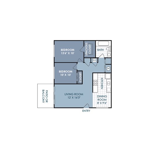 Floor plan for 2 beds, 1 bath, 858 sqft
